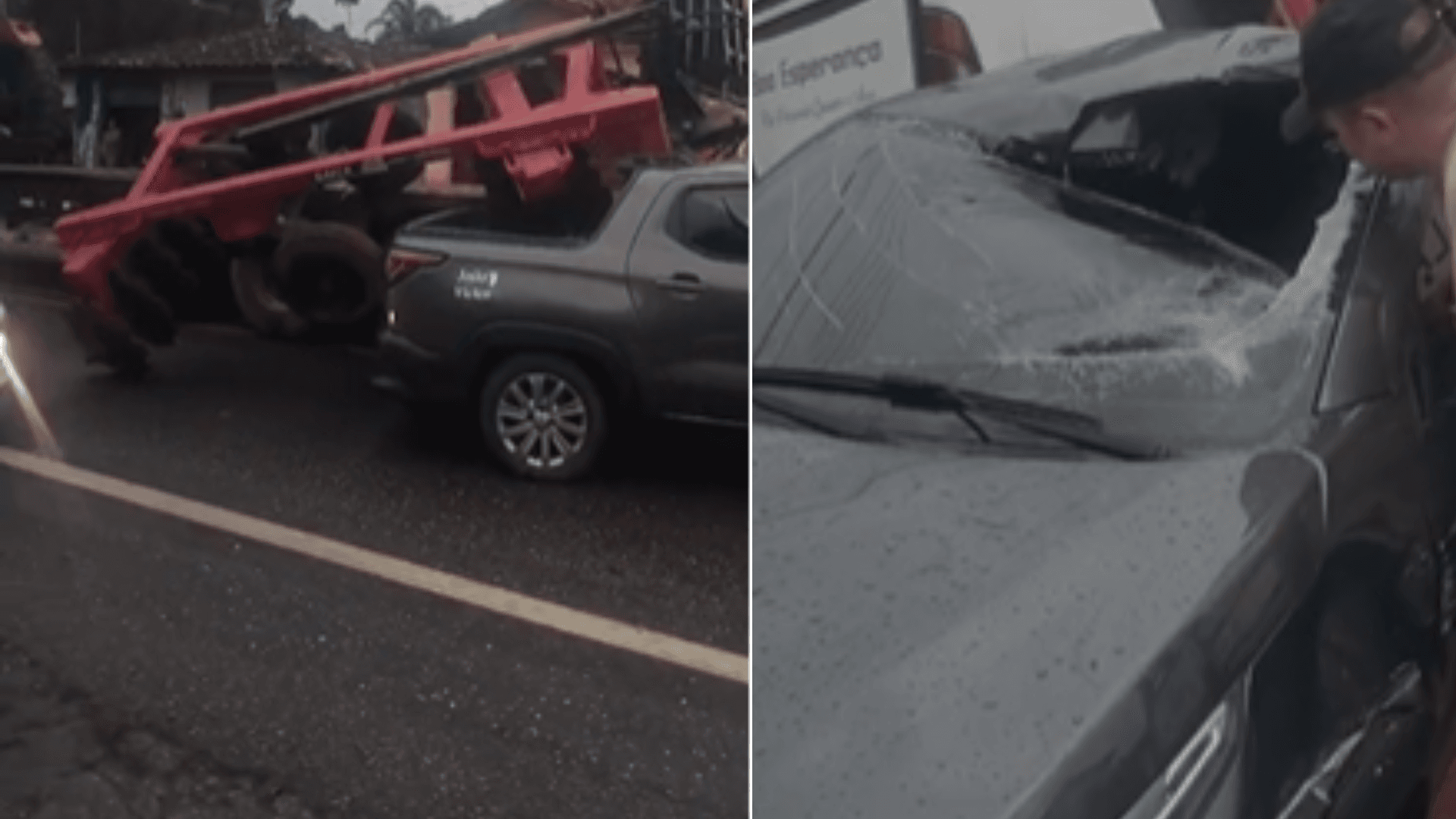 Equipamento agrícola se desprende de carreta e atinge carro na BR-308, em Bragança