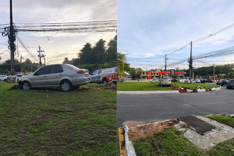 Carro invade canteiro central de rotatória próximo ao Aeroporto de Belém