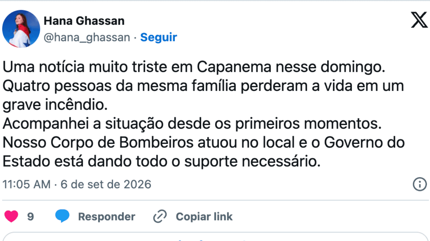 Governadora Hana Ghassan lamenta morte de quatro pessoas da mesma família em incêndio em Capanema 