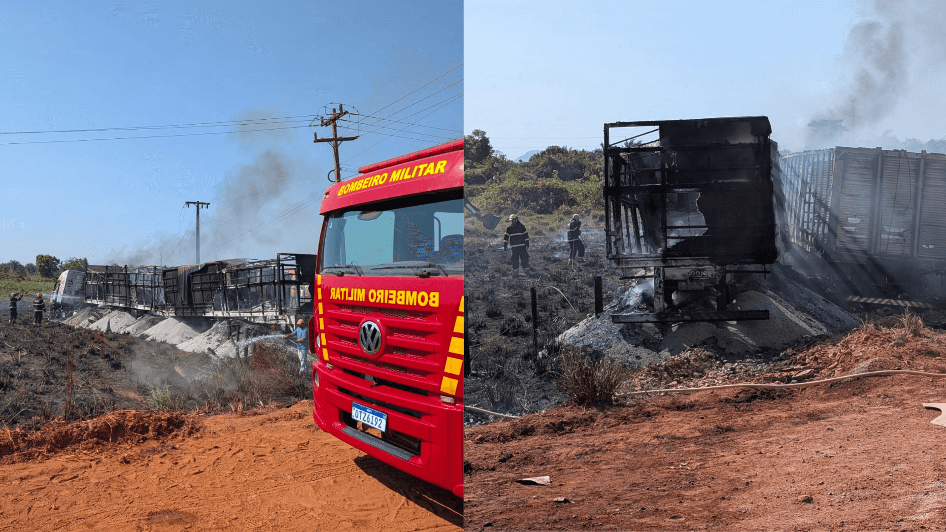 Acidente entre carreta e caminhão deixa veículos destruídos por incêndio na BR-155, em Rio Maria