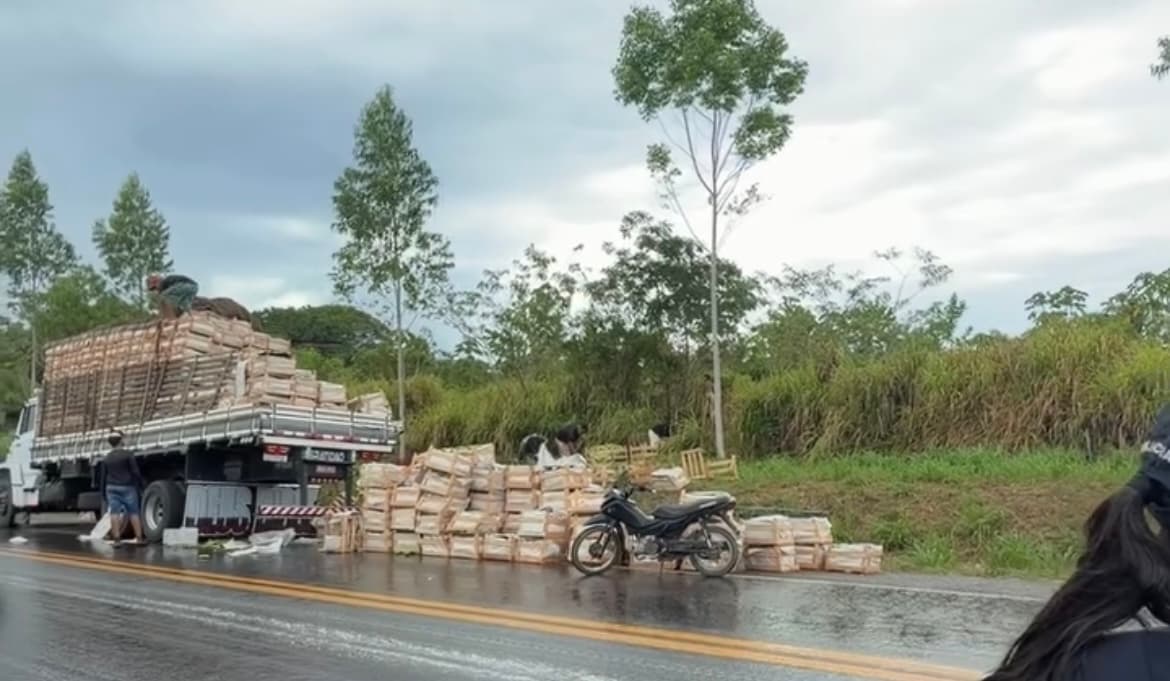 Carga de bananas cai de caminhão após passar por lombada na BR-010, em São Miguel do Guamá