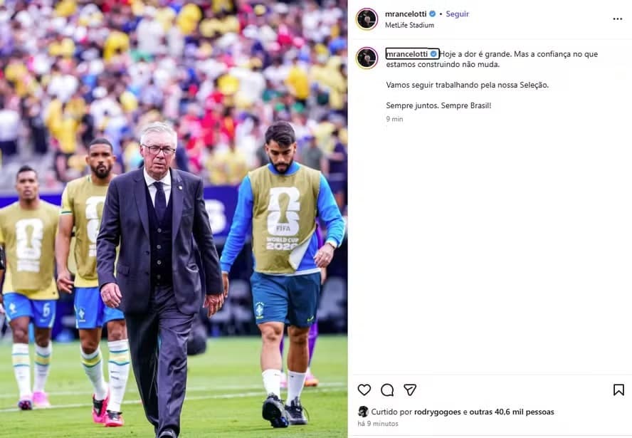 'Hoje a dor é grande. Mas a confiança no que estamos construindo não muda': Ancelotti se pronuncia após eliminação do Brasil