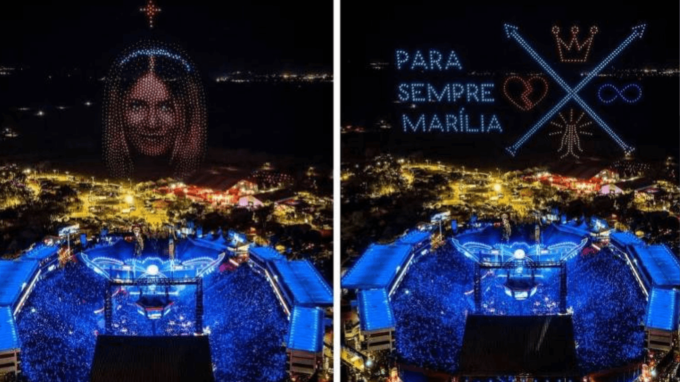 Alok homenageia Marília Mendonça com imagem da cantora no céu durante show em Barretos