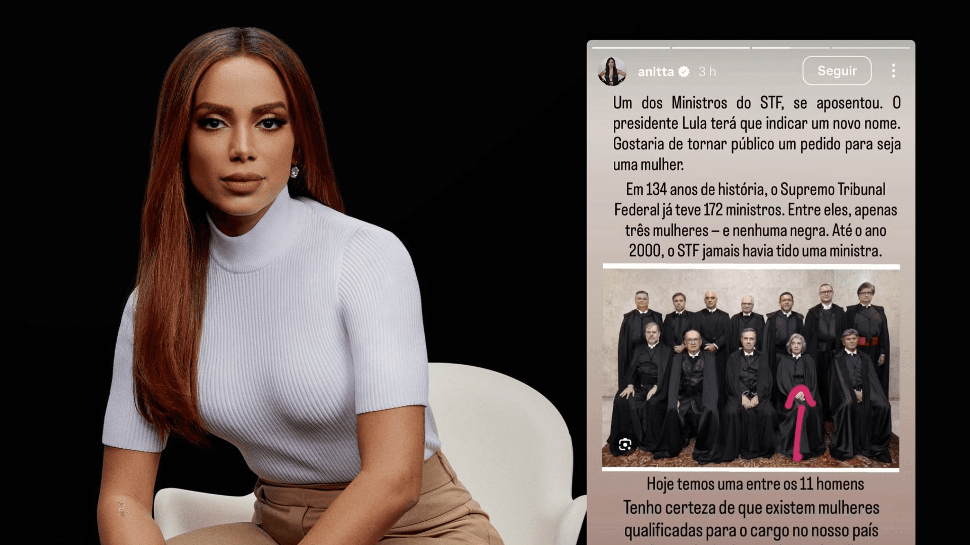 Anitta pede que Lula indique uma mulher para vaga de Barroso no Supremo Tribunal Federal