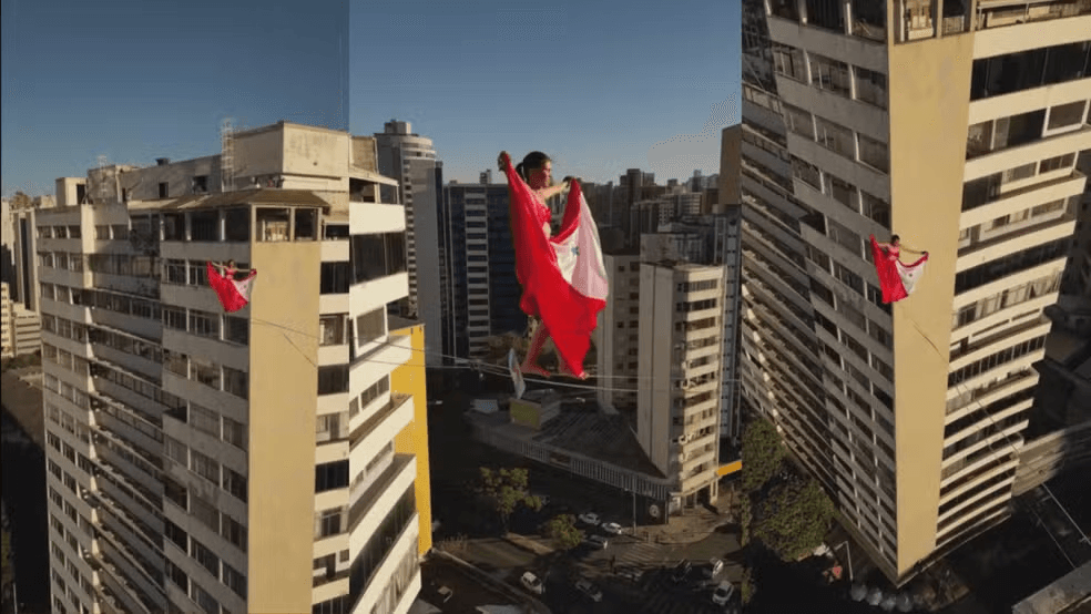 Atleta paraense homenageia o Pará andando em cabo no céu de Belo Horizonte, a 229 metros