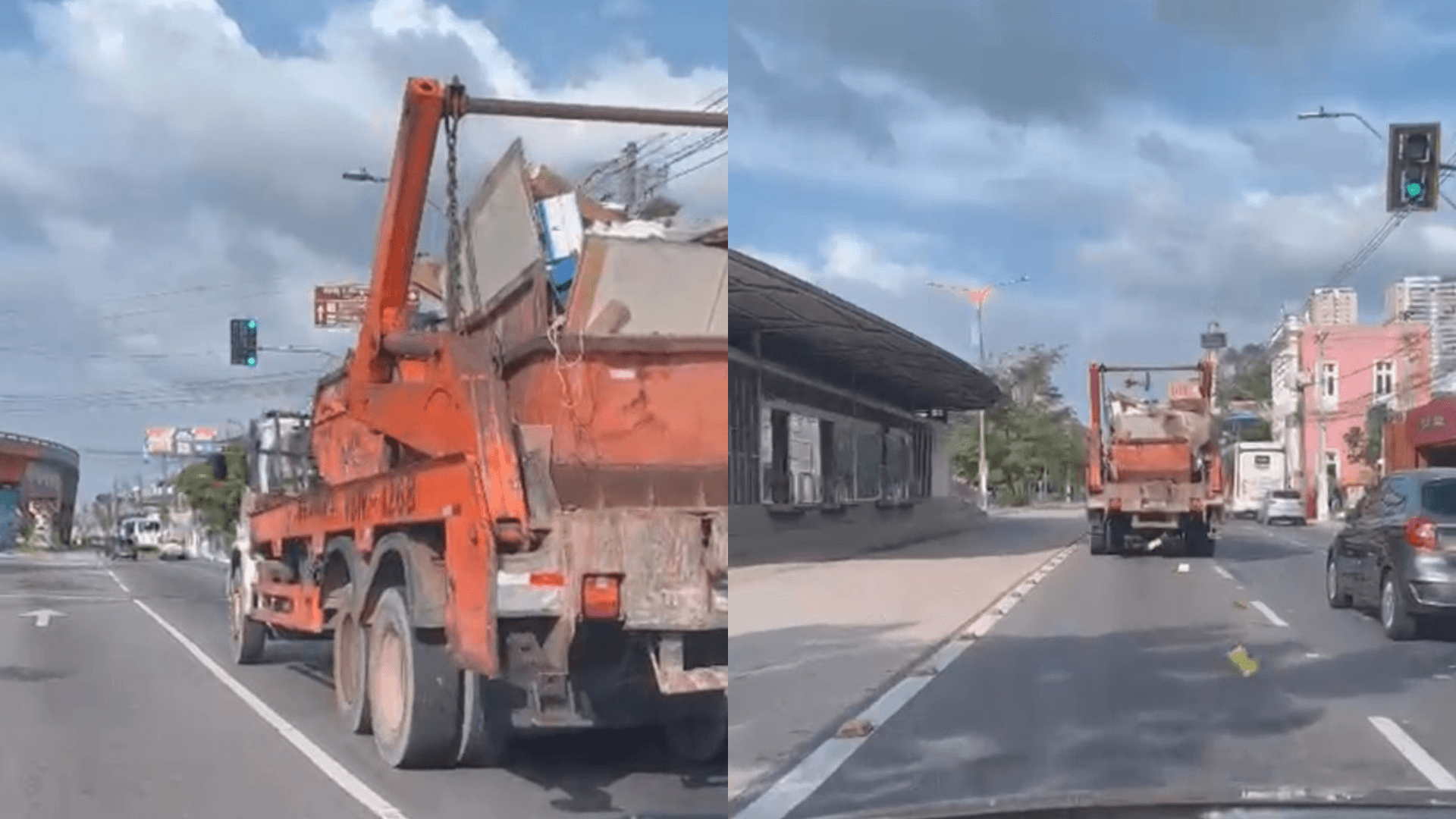 Caminhão transportando lixo espalha resíduos pela Av. Almirante Barroso e gera risco de acidentes