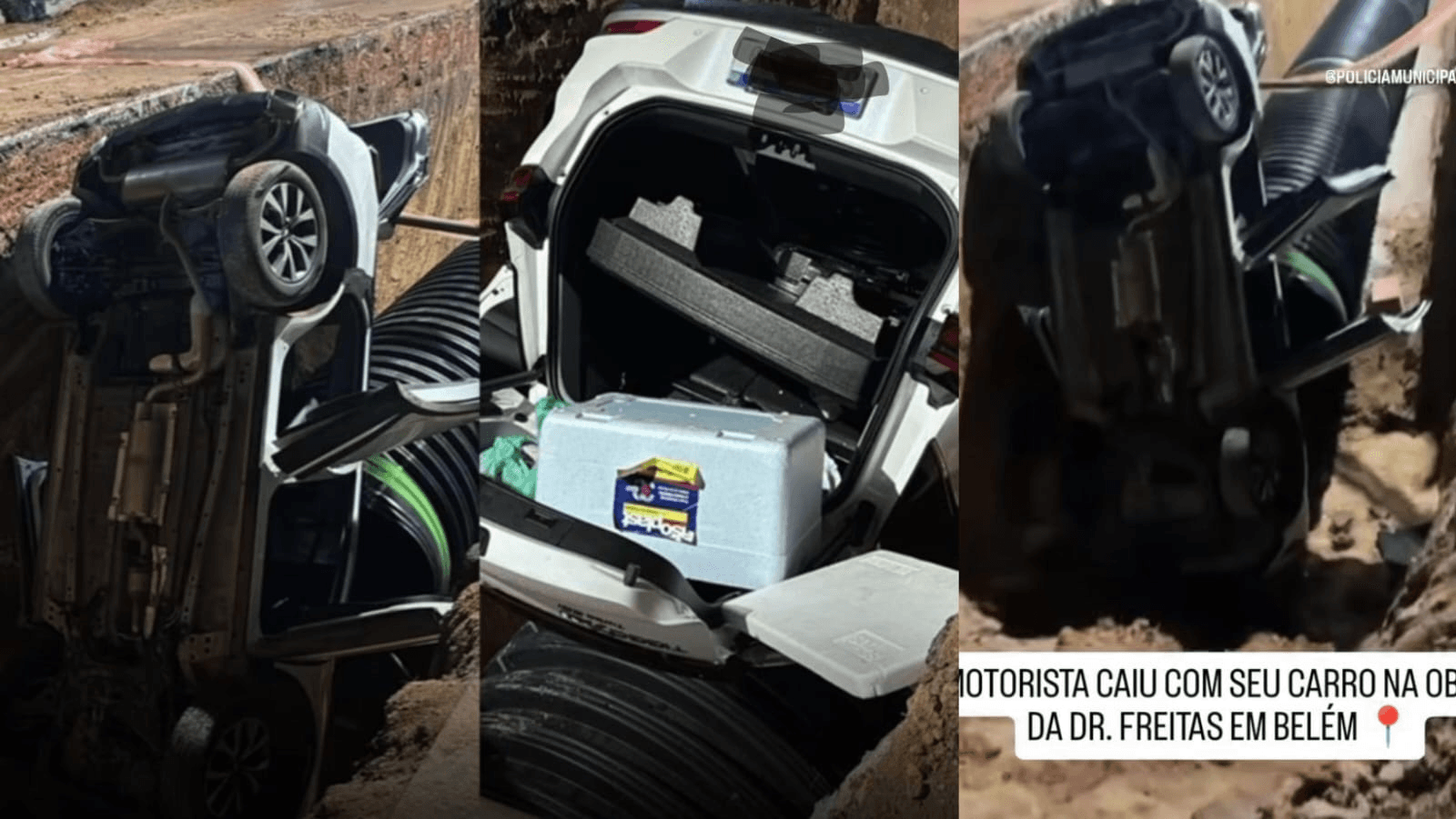 Carro cai em cratera de obra em Belém e motorista fica ferida