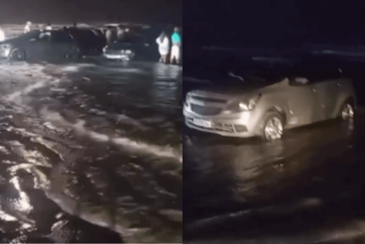 Carros ficam atolados em Salinas após maré alta no primeiro dia do ano