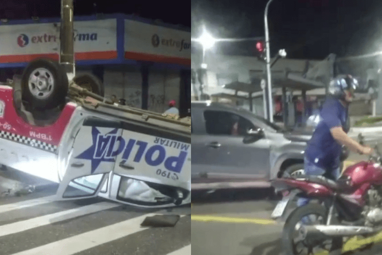 Viatura da PM capota após colisão com carro de passeio na avenida Duque de Caxias, na madrugada desta segunda-feira (18)