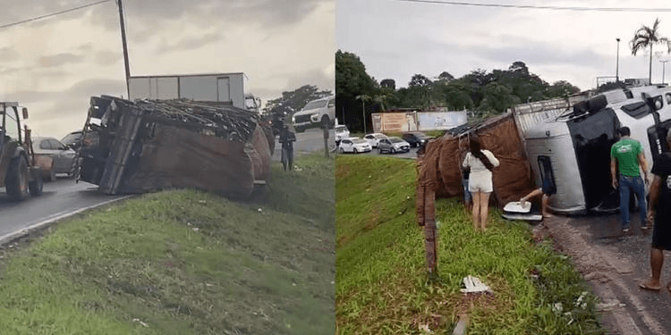 Vídeo: caminhão com carga tomba no viaduto da Mário Covas, em Ananindeua