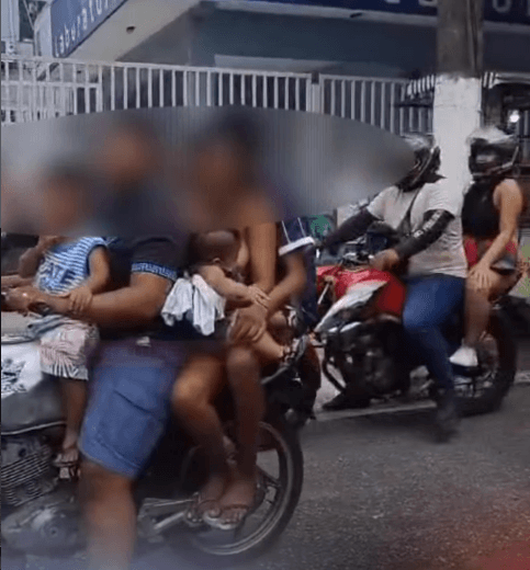 Vídeo: motocicleta com cinco pessoas sem capacete e mulher amamentando bebê são flagrados em Belém